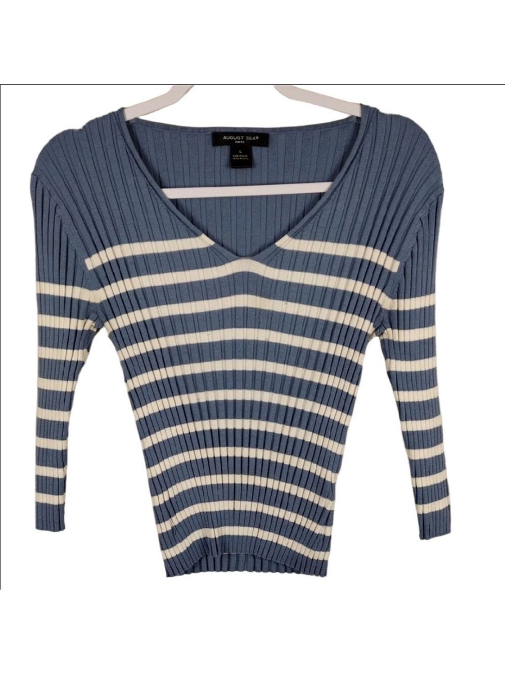 August Silk Knits Blue Striped V-Neck Long Sleeve Pullover Ribbed Knit Sweater